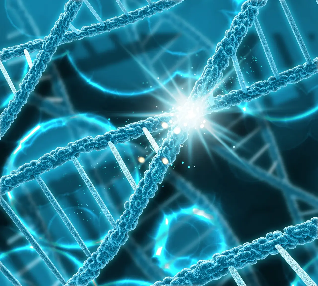 Fita de DNA com explosão de luz no meio 